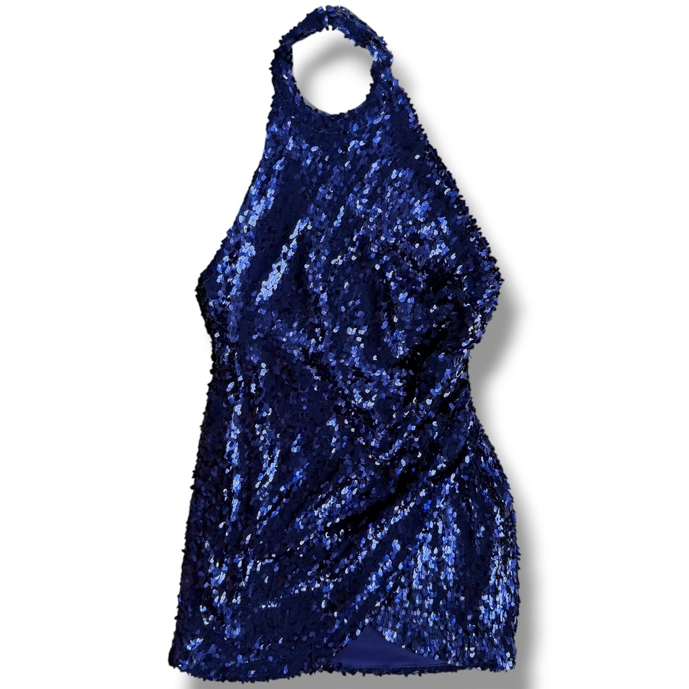 Blondie Nites Sz 3 Royal Blue Sequin Halter Open Back Ruched Mini Dress Glam Y2K